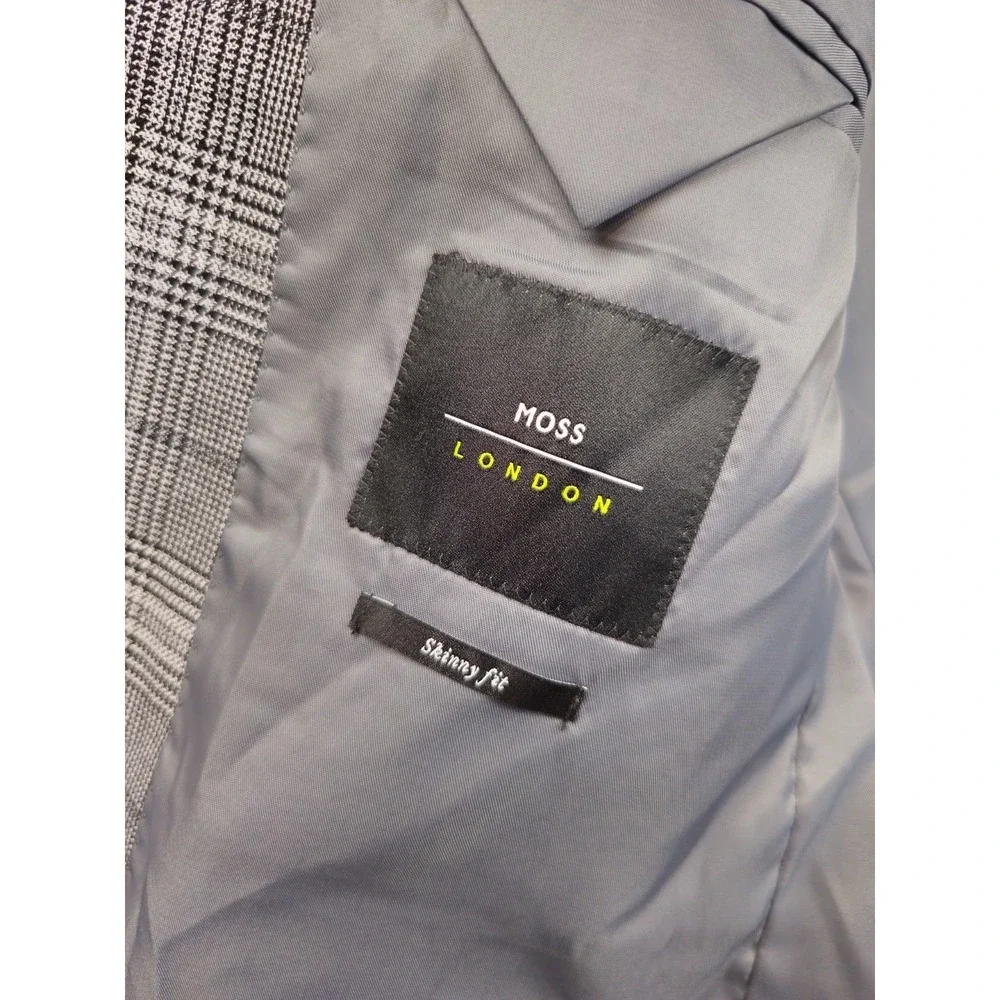 Moss London Mens Gray Houndstooth Plaid Suit Skinny Fit 42R Pants 36x31